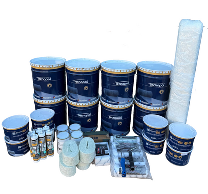 Collection of Tecnopol products including barrels, rolls, and containers on a white background