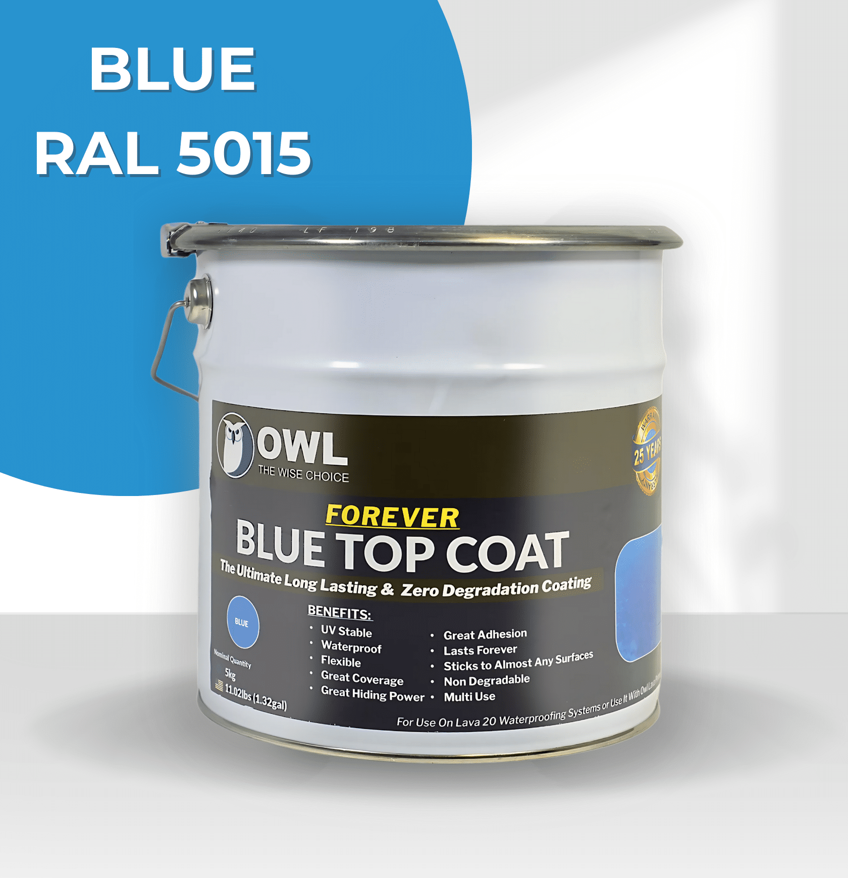 LAVA 20 Polyurethane Waterproofing Forever Topcoat in 1kg and 5kg tins, UV-resistant, elastic, and durable waterproof coating for roofs and surfaces