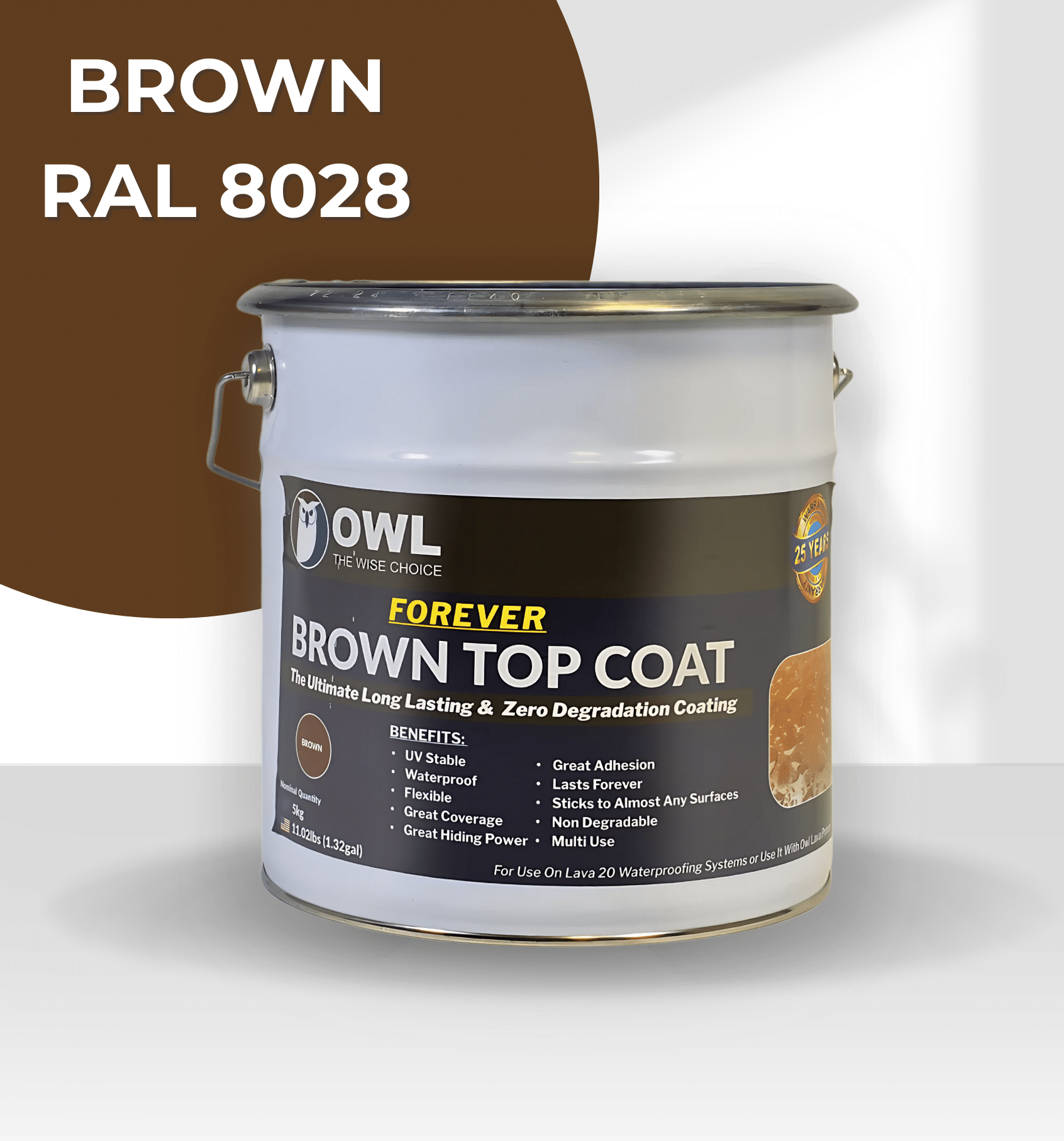 LAVA 20 polyurethane waterproofing topcoat in 1kg and 5kg tins for durable, UV-resistant roof protection