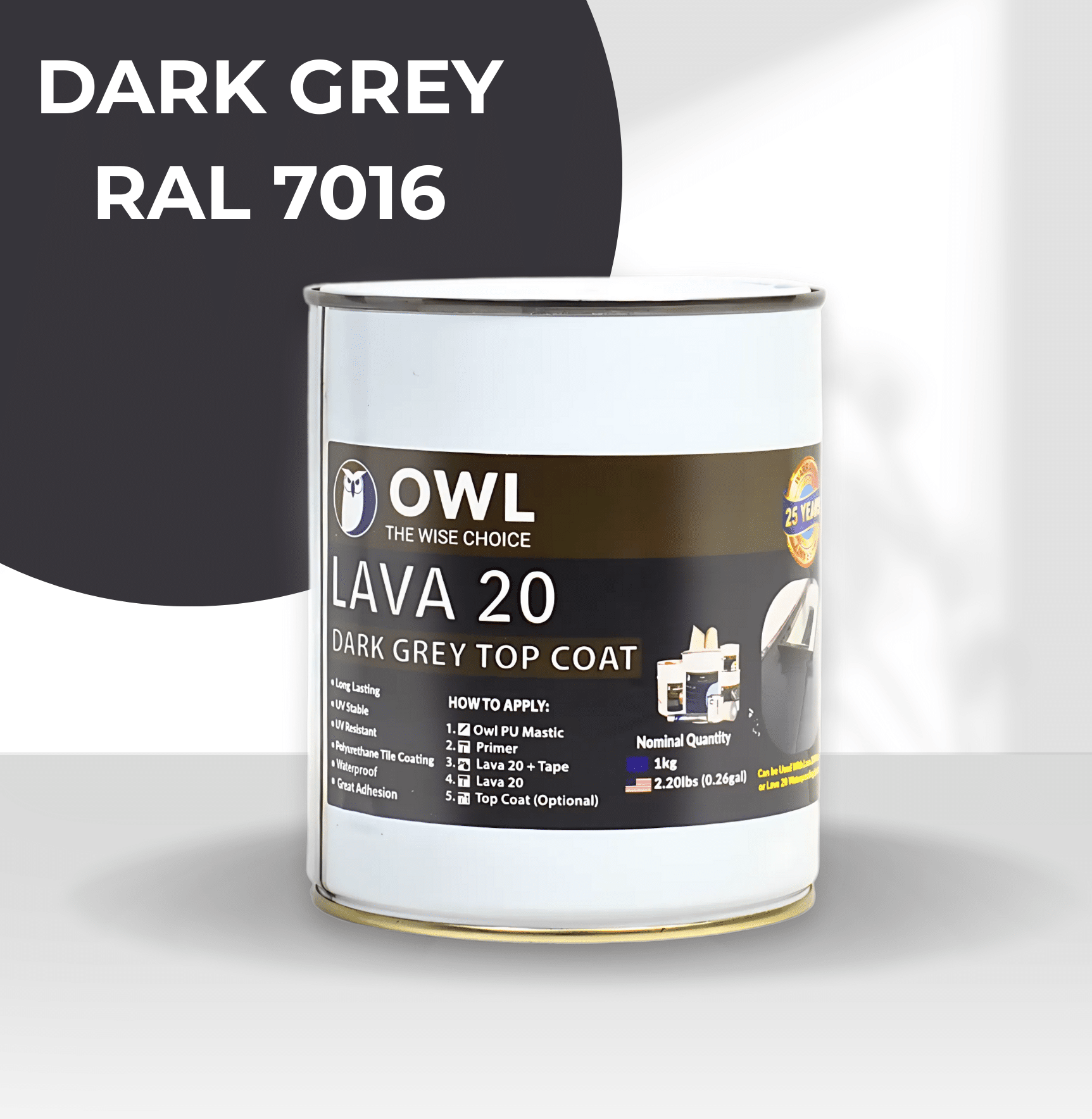 LAVA 20 Polyurethane Waterproofing Forever Topcoat 1kg and 5kg tins for roof and surface protection, UV-resistant and durable