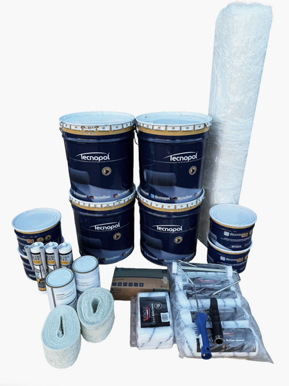 Desmopol Liquid Polyurethane Waterproofing Kit with 50m² coverage and grey finish for roofs and balconies