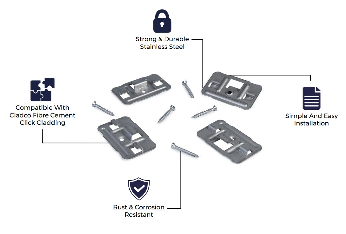 Cladco Fixings Kit with 100 hidden clips and 100 stainless steel M4x30 screws for fibre cement click cladding installation