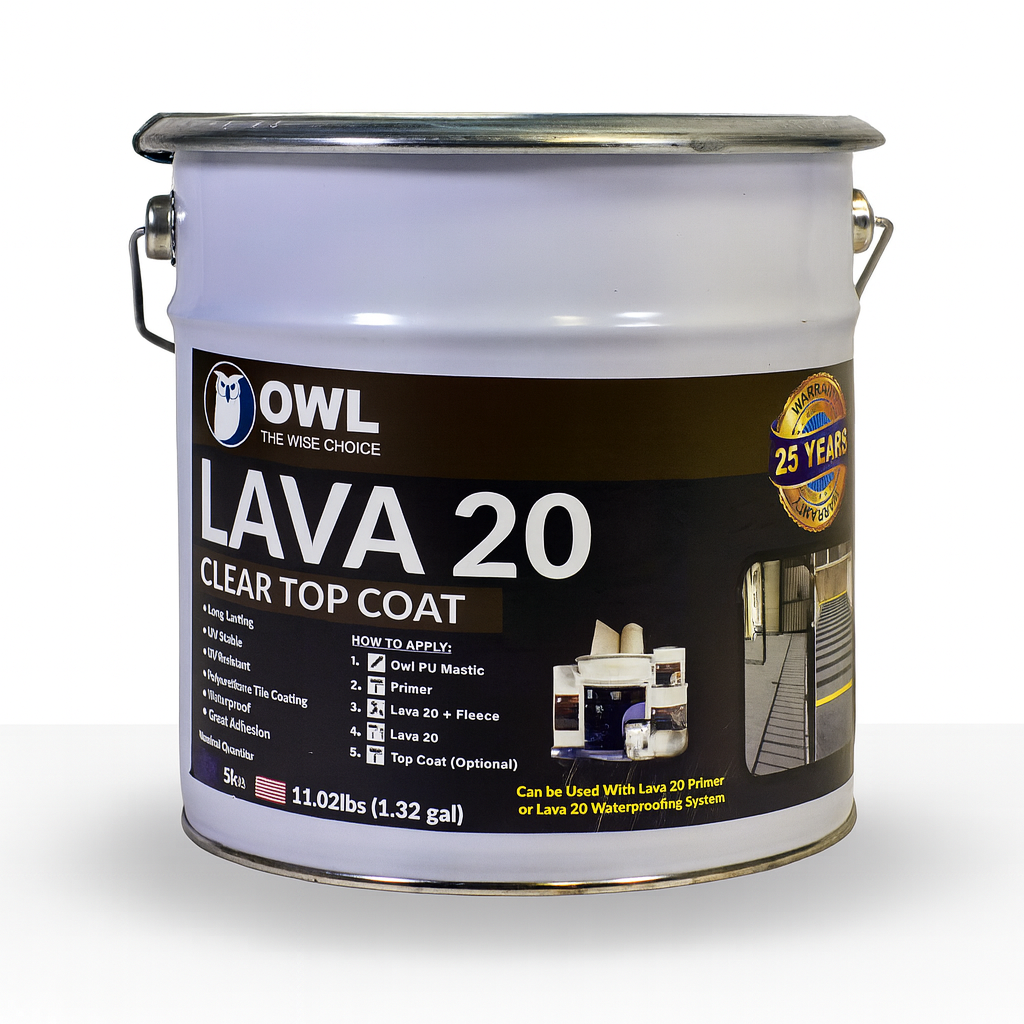 LAVA 20 Polyurethane Waterproofing Forever Topcoat in 1kg and 5kg sizes with UV-resistant, elastic, and durable polyurethane coating for roofs and surfaces