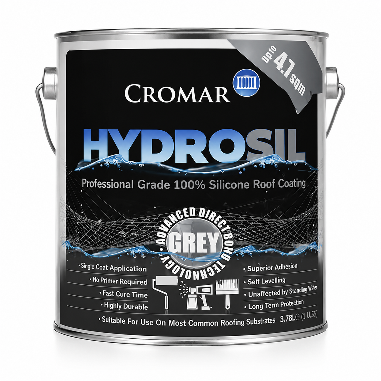Cromar Hydrosil ProGrade 100% Silicone Liquid Roof Coating - Grey 3.78Ltr