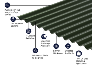 Cladco 13/3 Corrugated 0.7 PVC Plastisol Coated Roof Sheet - Juniper Green