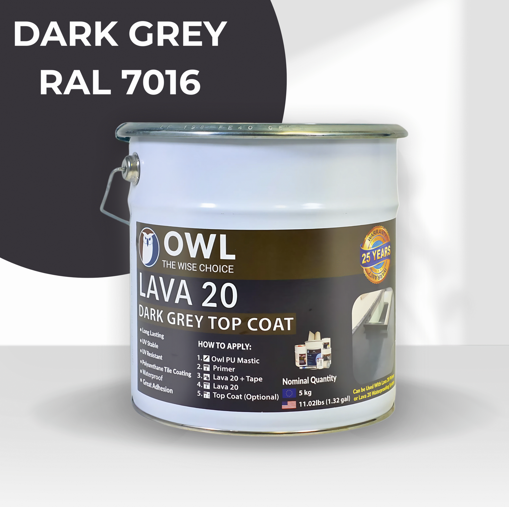 LAVA 20 Polyurethane Waterproofing Forever Topcoat in 1kg and 5kg tins with UV-resistant, elastic, and durable coating for roofs and balconies